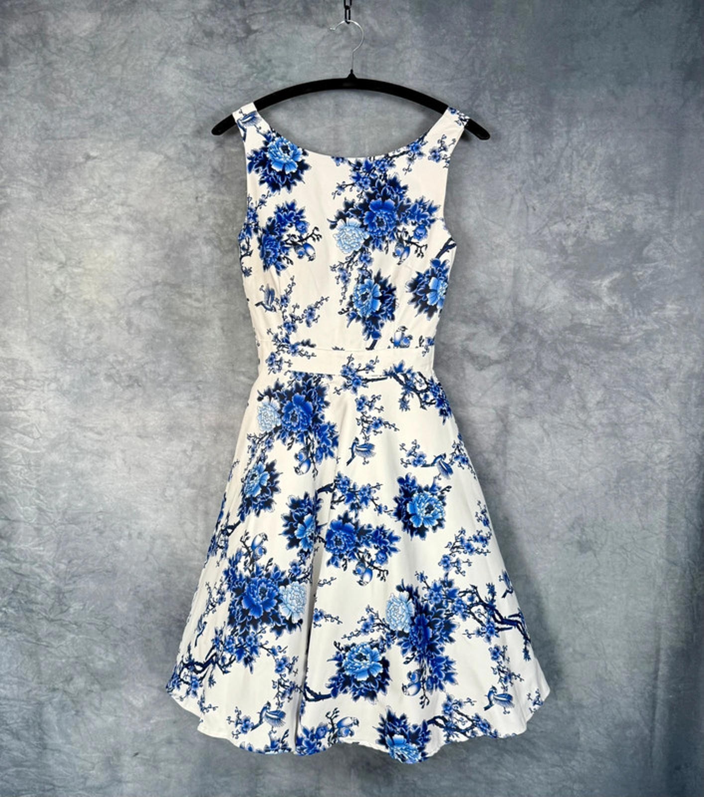 Quiz Women’s UK10 Blue White Floral Fit Flare Cotton Occasion Dress BNWOT