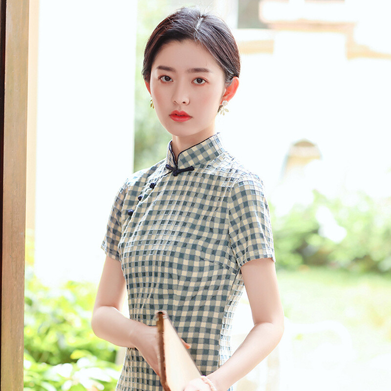 Chinese Traditional Cheongsam Check Midi Qipao Dress Oriental Gown Sweet