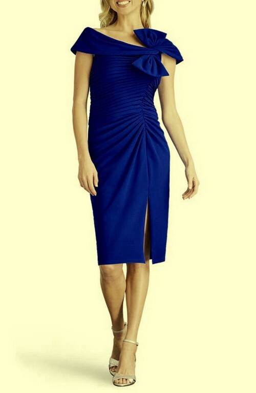 Tadashi Shoji Mystic Blue Bow Pleated Crepe Dress Size XL $398