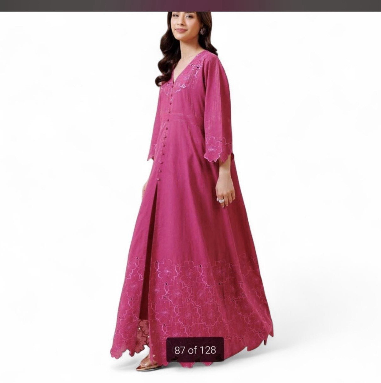 Pink Floral Lace Cotton Maxi Dress V-Neck Button Front Embroidered L