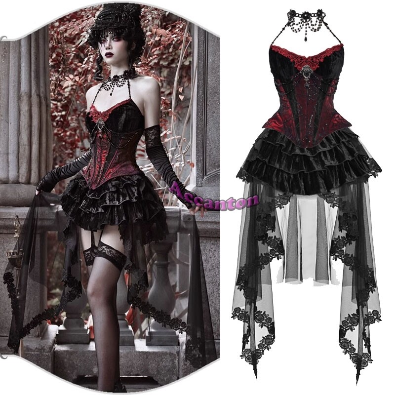 BLOOD SUPPLY Gothic Rococo Velvet Bead Suspender Fishbone Waistband Tail Skirts
