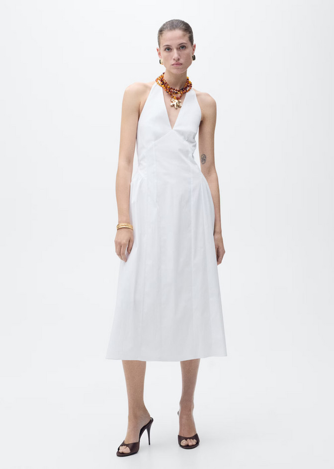 NWT MANGO MNG $140 WHITE STRETCH COTTON HALTER NECK MIDI DRESS SZ S US 4