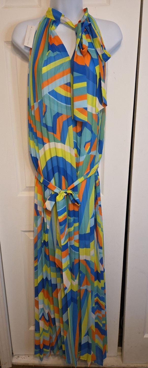 New York & Company Flying Tomato L Rainbow Stripe Halter Maxi Dress Boho NEW