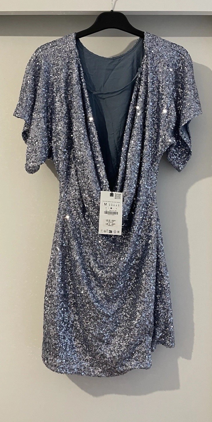 ZARA BLUE GREY SEQUINNED MINI DRESS WITH FLOWING AT BACK NECKLINE SIZE M BNWT