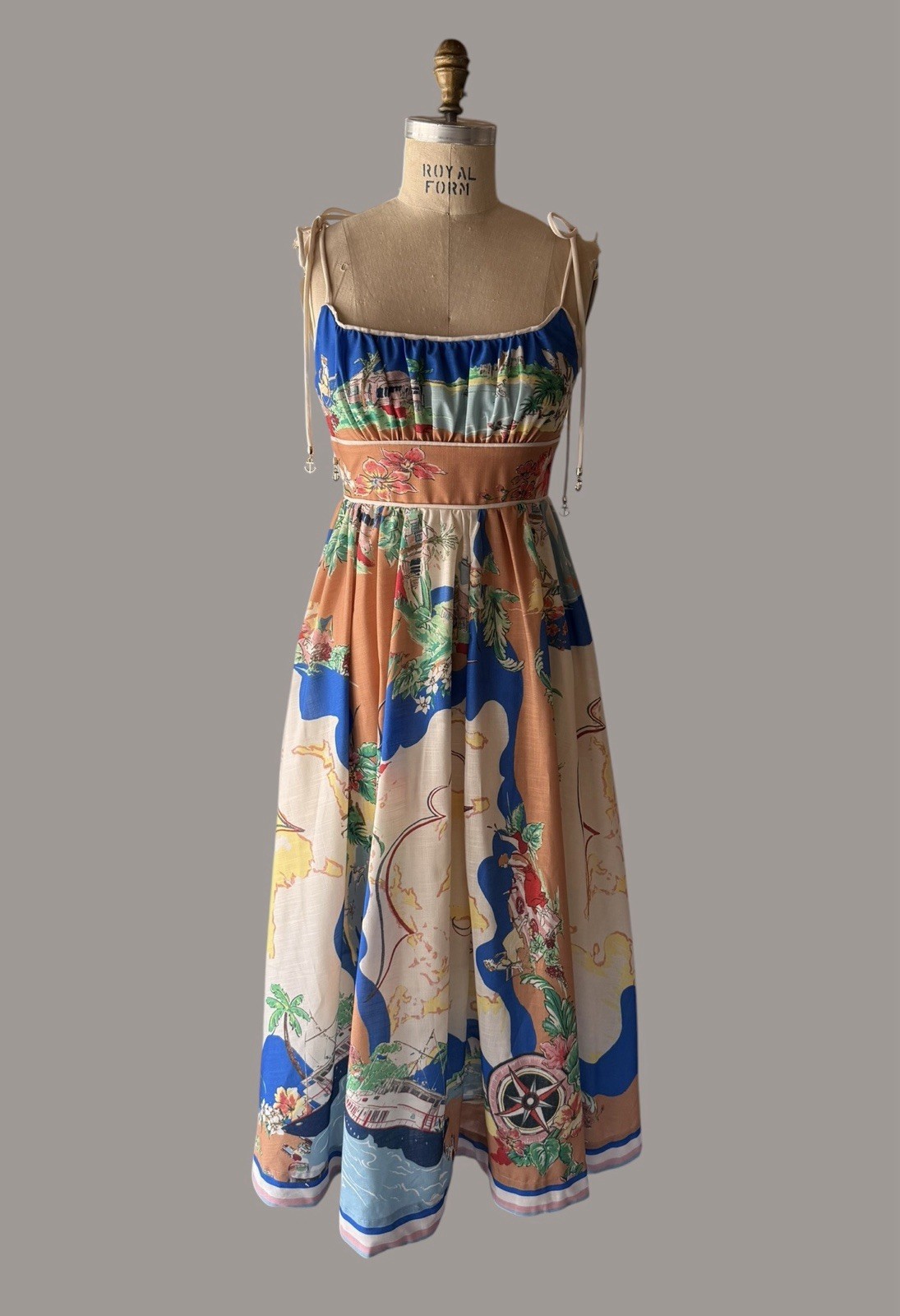 Summer Dress with Nautical Map Print Sz Small Cotton Linen So Pretty