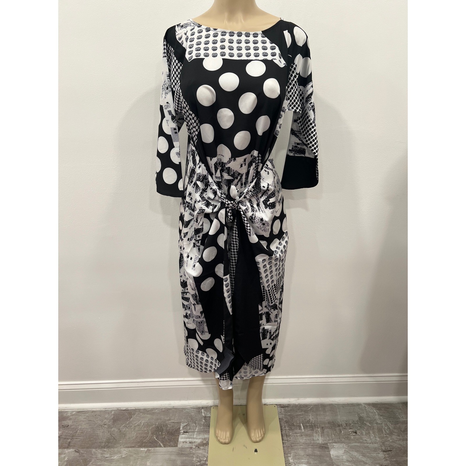 CAARA Midi Dress Womens Medium Black White Polka Dot Tie Waist ModiChic Office