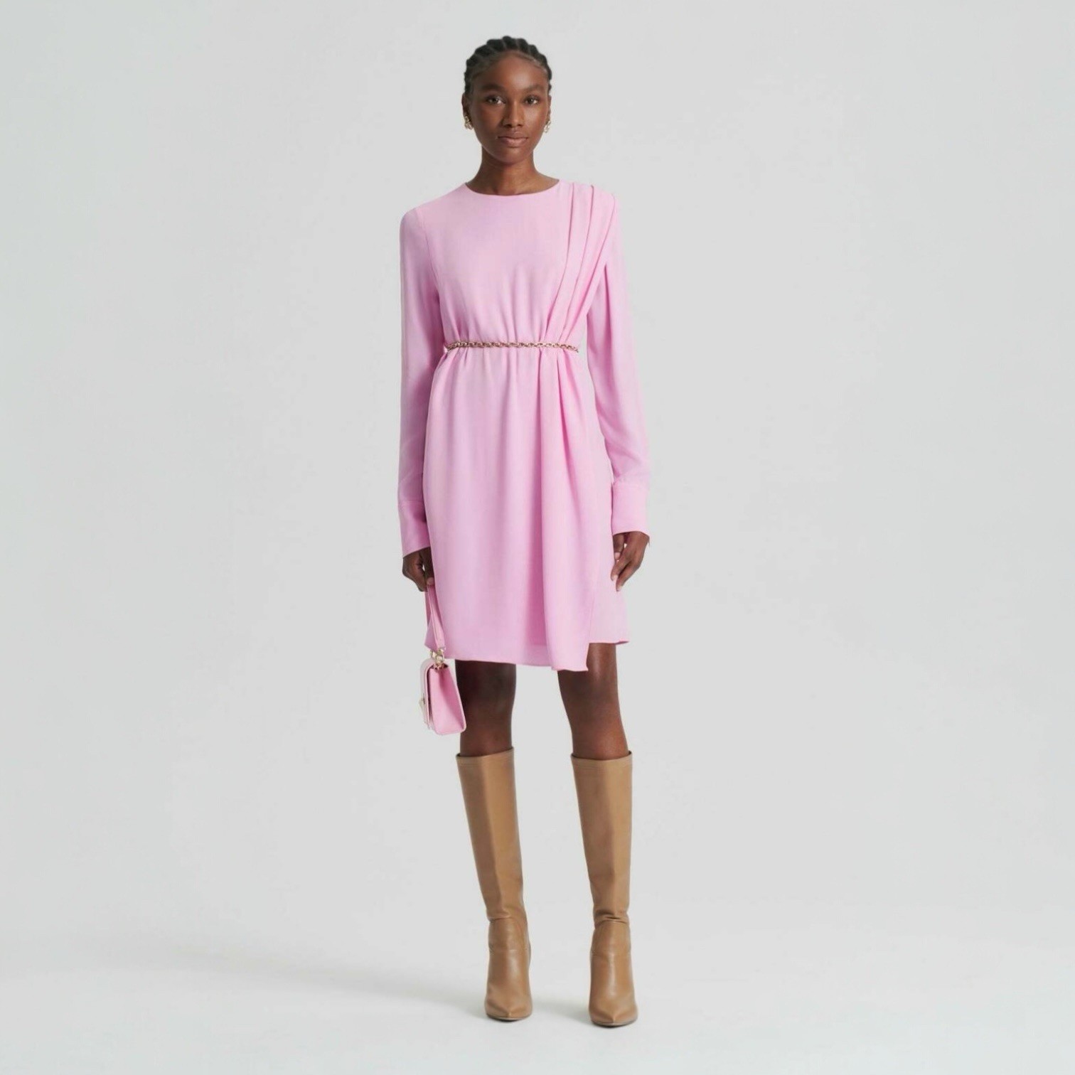 Scanlan Theodore Pink Crepe Mini Dress Size AU 8 / US 4 Long Sleeve Belted