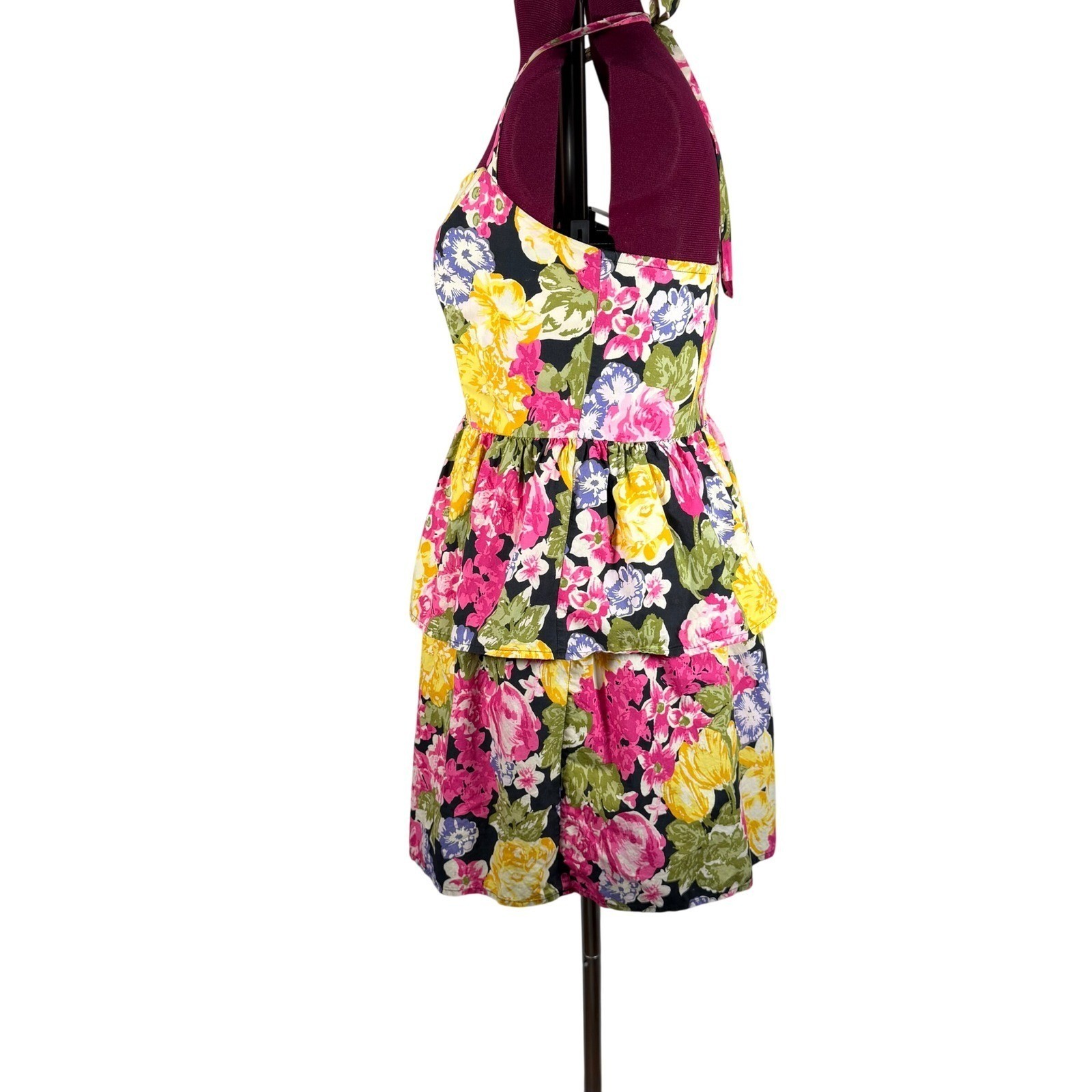 Moda International Floral Halter Dress Cotton Tiered Peplum Retro Y2K Vtg Size 6