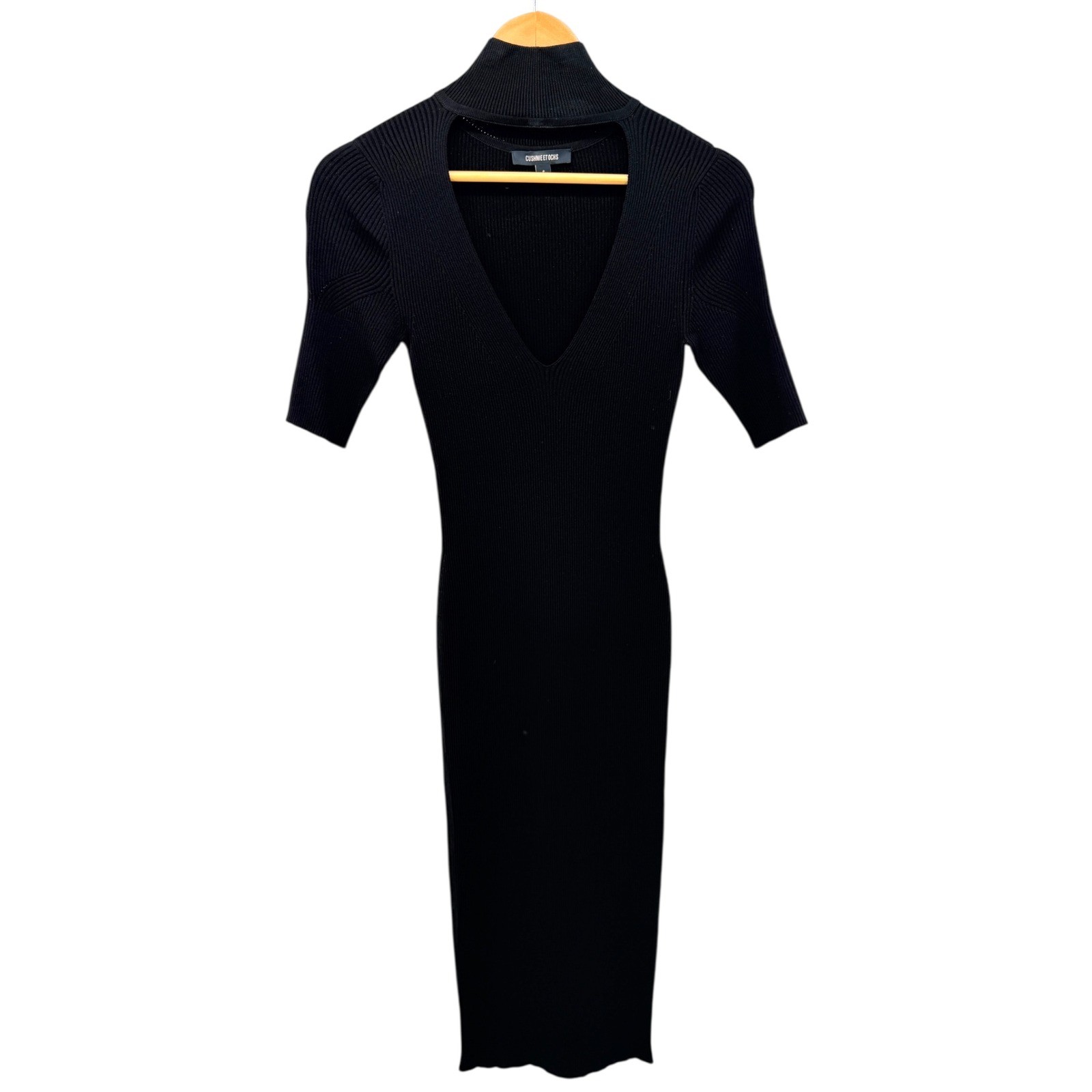 Cushnie Et Ochs Knit Black Ribbed High Neck Cutout Midi Dress S Minimalist