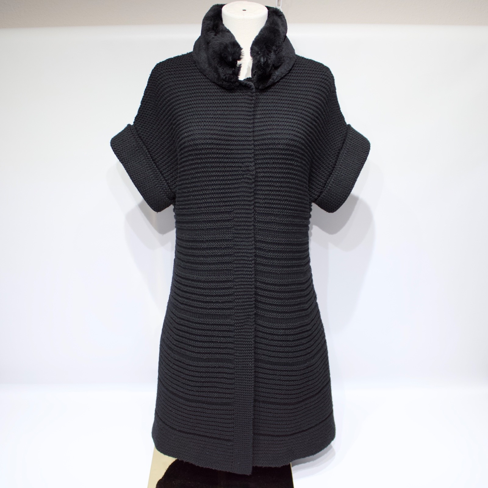 Lafayette 148 Black 100% Wool Yarn Sweater Dress Rabbit Fur Collar Women Size M