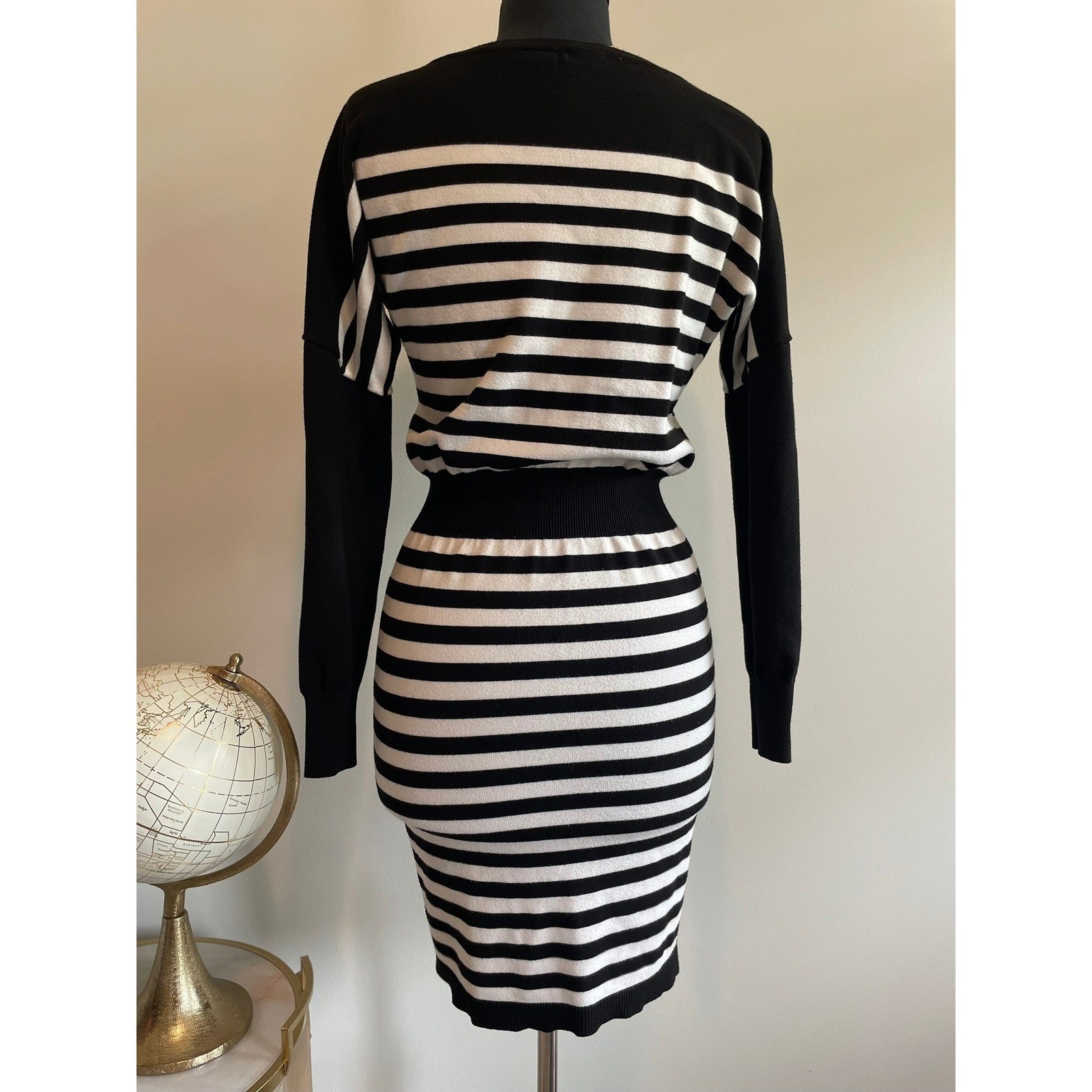 WHBM Striped Knit Blouson Sweater Dress Black White S