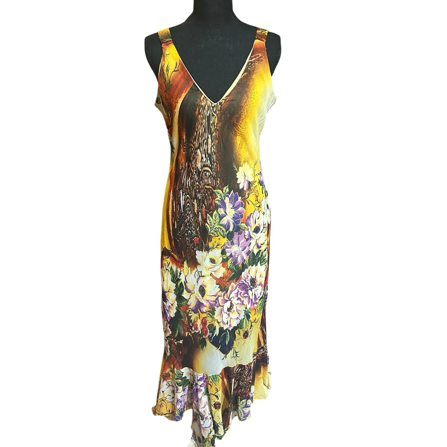 Rosalyn Originals 36 Yellow Floral Maxi Dress Sheer Whimsical Art Print