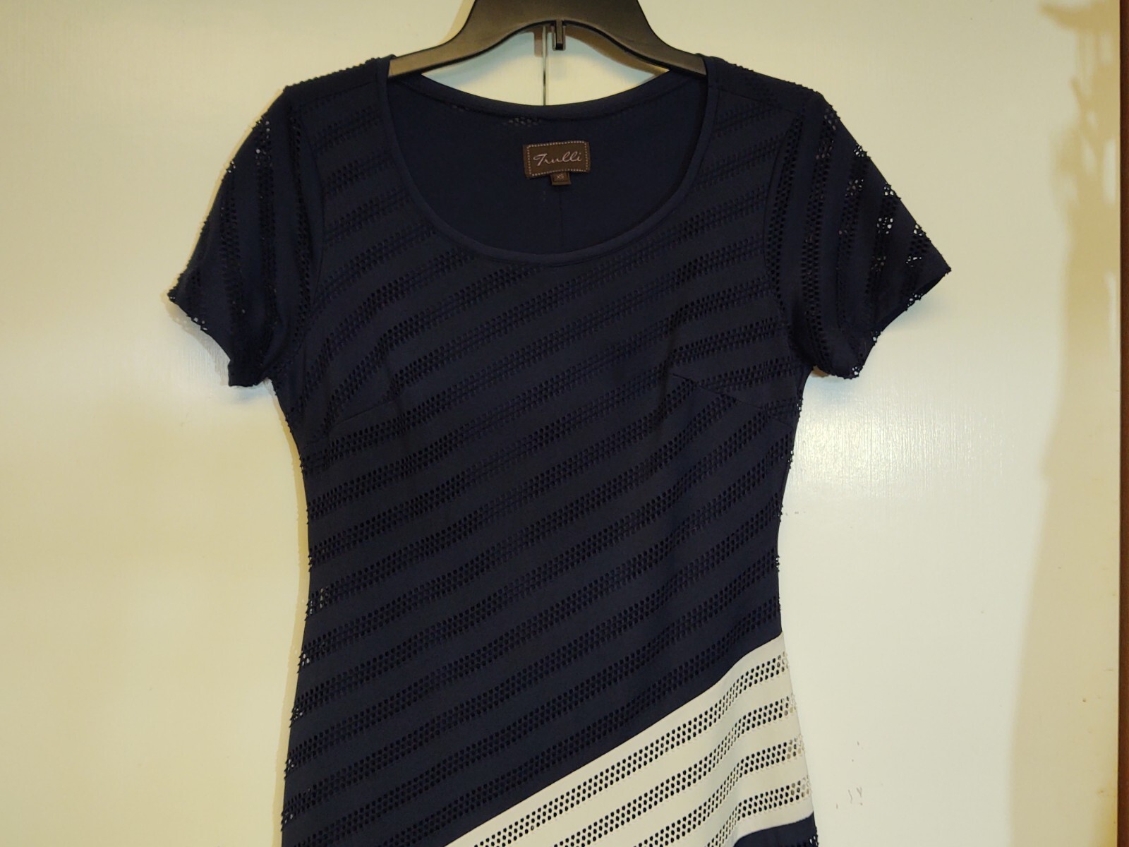 TRULLI Maxi Dress Navy White Size Small Diagonal Stripe Lined Pointelle