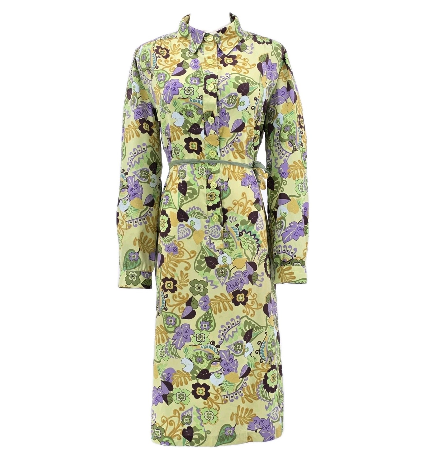 Modern Bohemia Vintage Shirt Dress Women 12 Green Floral Belted Retro