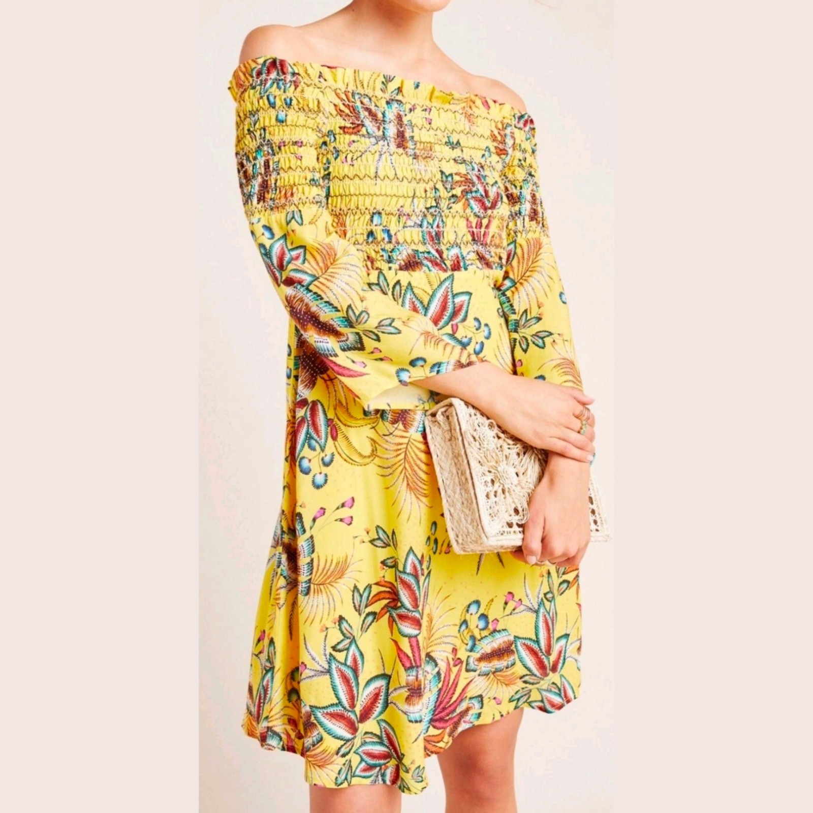 Farm Rio Bria Smocked Dress Anthropologie Size S Petite Yellow Tropical Floral