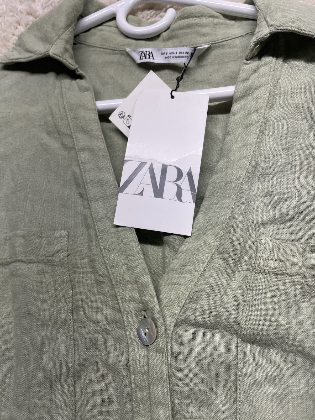 Zara Linen Button Front Khaki Green Shirt Dress Women’s Small *NEW*