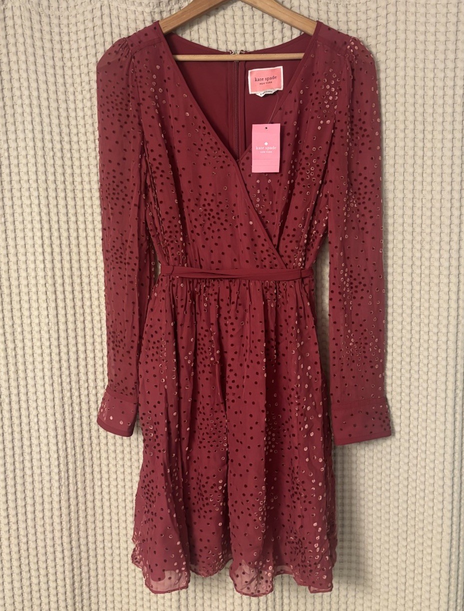 NWT Kate Spade Maroon Festive Confetti Devore Long-Sleeve Mini Dress Size 6