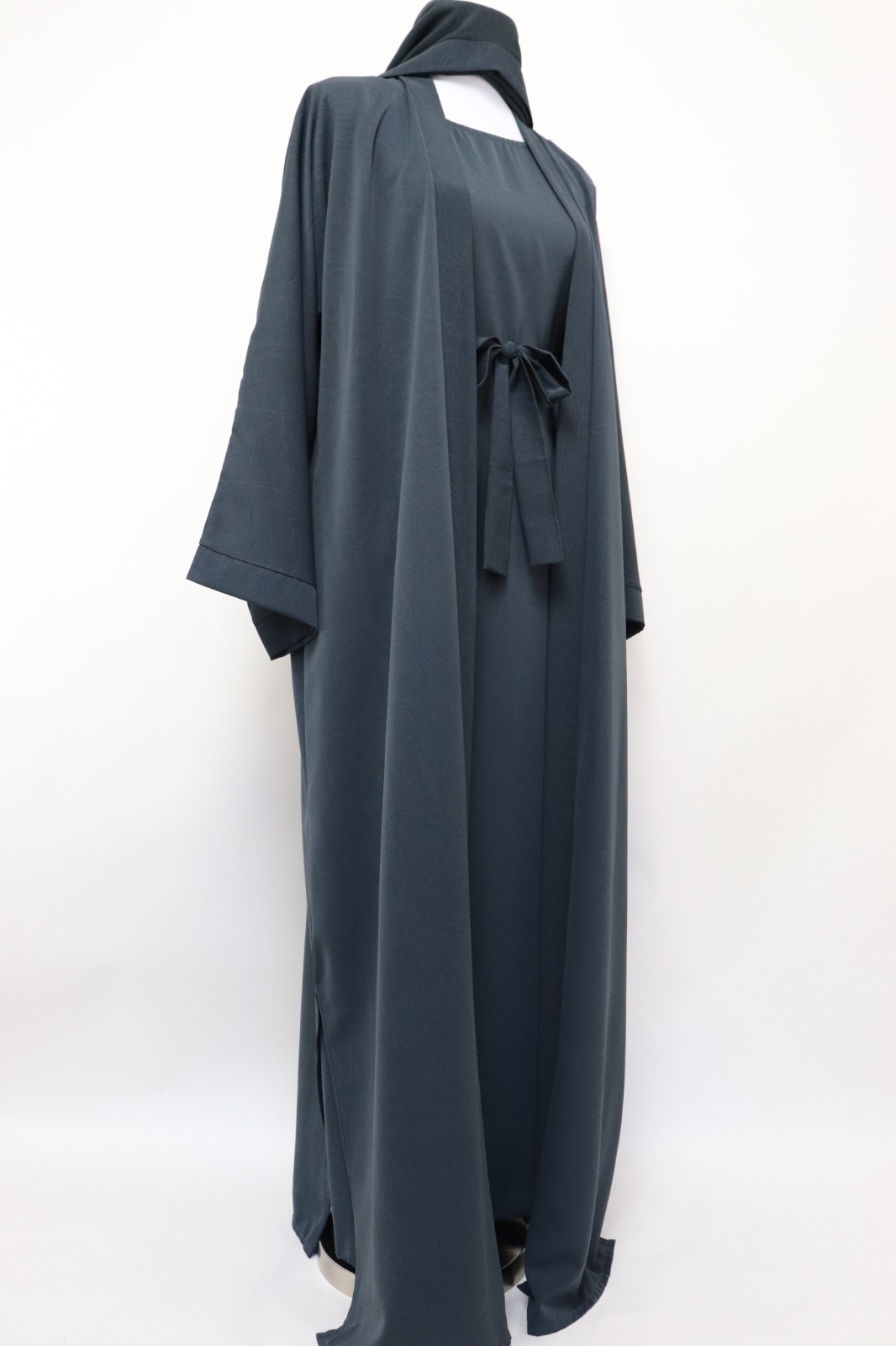 3 Piece Set Marble Open Kimono Abaya with Inner Dress Muslim Maxi Dress Charcoal