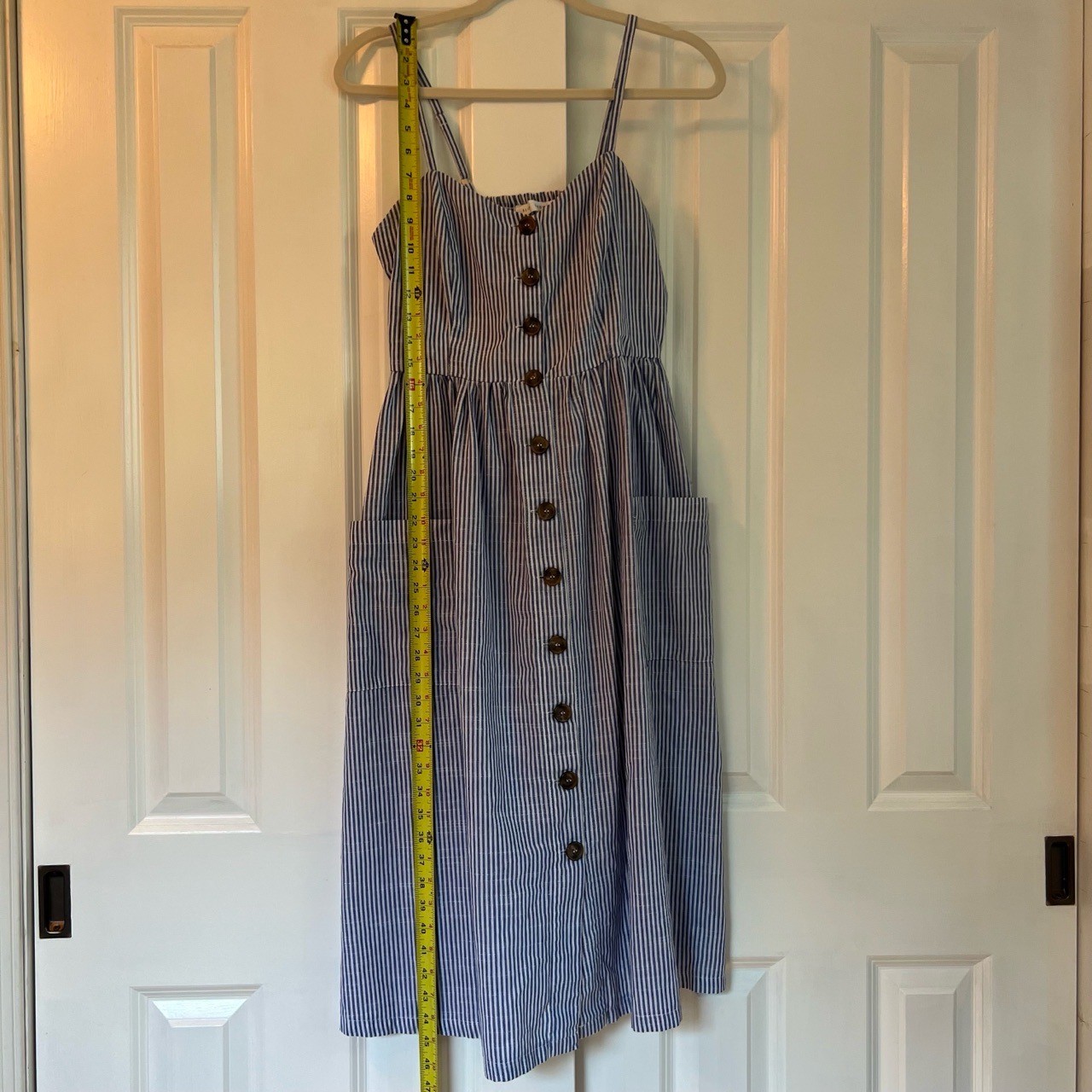 Slide Show Blue White Pinstripe Cottagecore Button Front Midi Dress Size 12