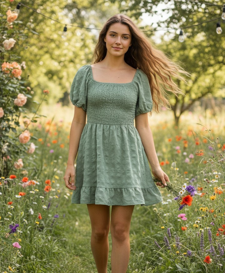 Lily Rose L Mini Dress Green Cottage Boho Milkmaid Coastal Fairy Grunge Poet