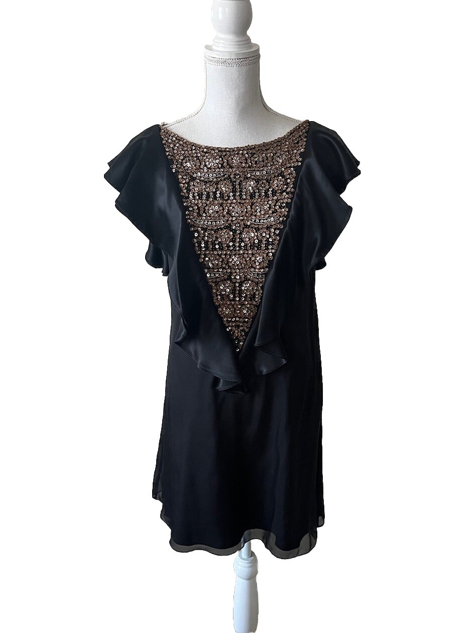 Alice + Olivia Vintage Black Silk Beaded Ruffle Mini Cocktail Dress sz Small EUC