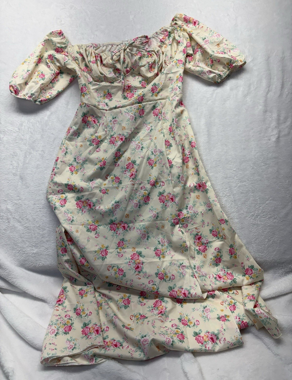 Women’s Floral Square Neck Puff Sleeve Smocked Maxi Dress Milkmaid, Ivory Pink M
