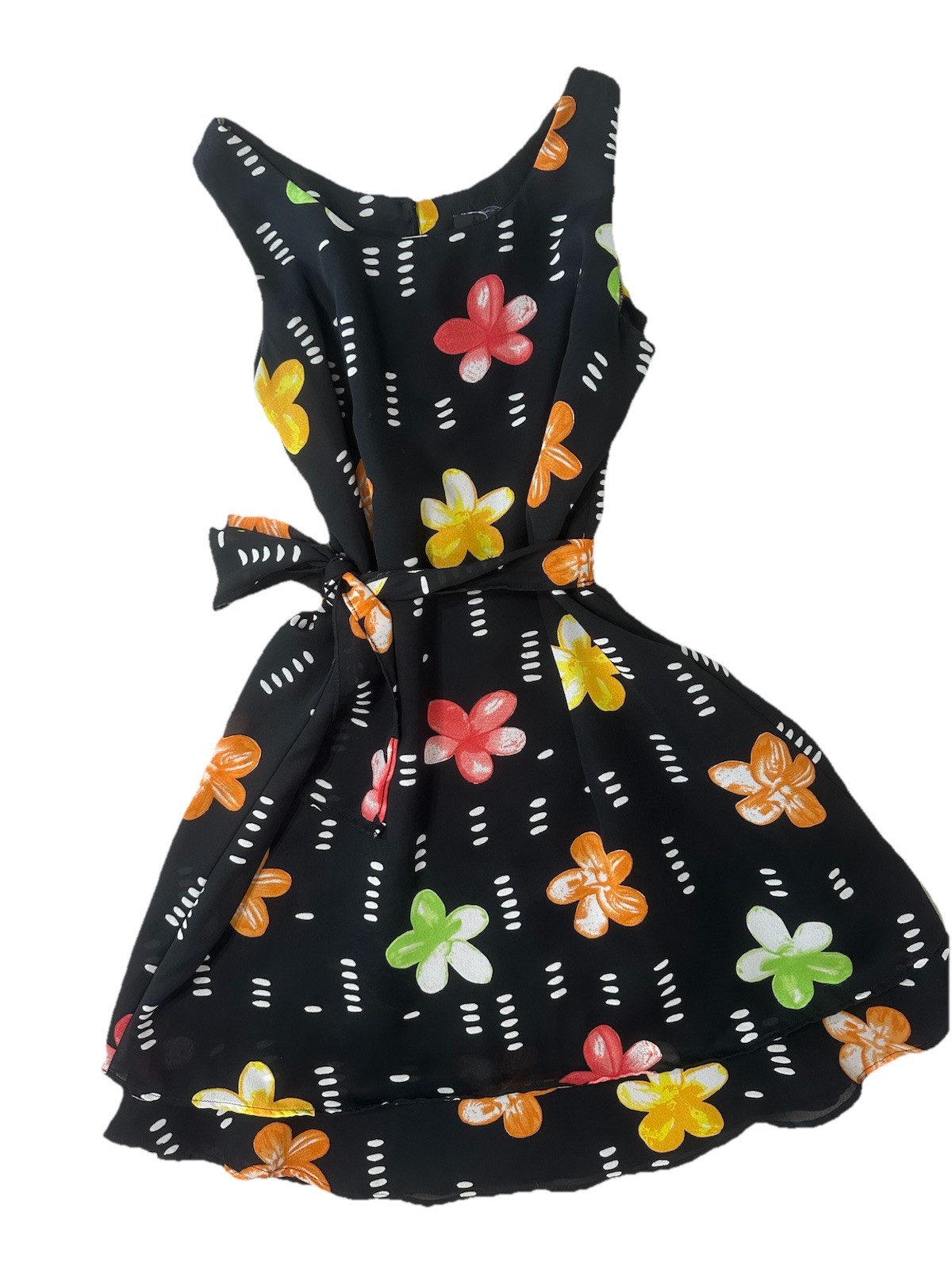 Vintage 90s Floral Mini Dress Black Colorful Flower Print Tie Waist Summer