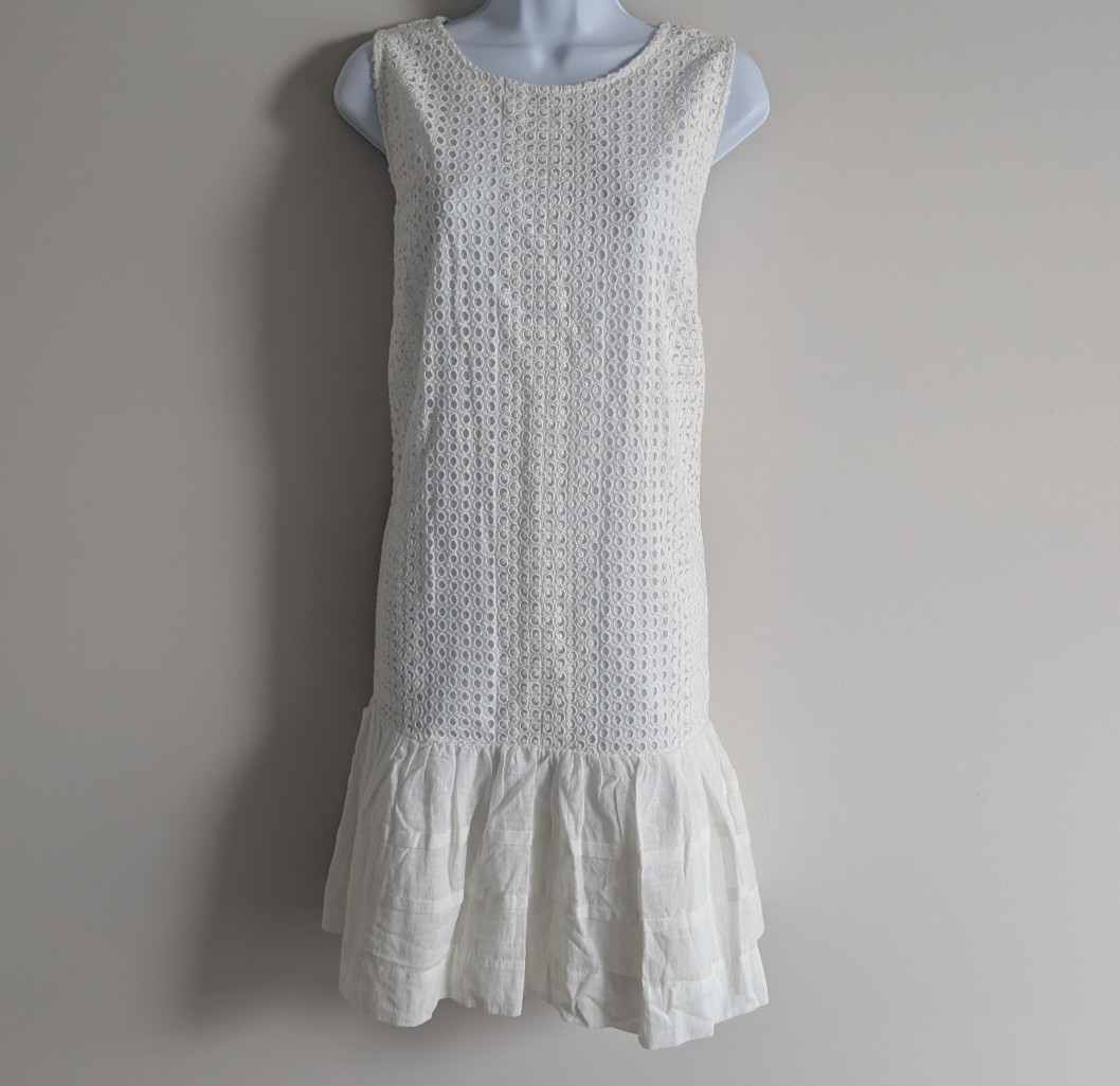 J Crew Shift Dress Women XL Pleated Hem Eyelet Quiet Luxury Timeless Retro White