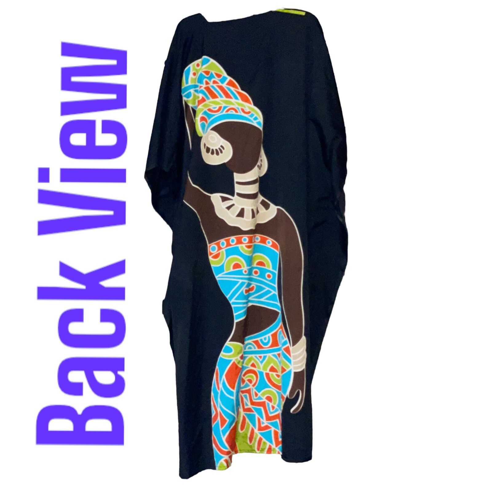 Seven Islands Muumuu Dress Caftan Kimono Black African Theme One Size M L XL XXL