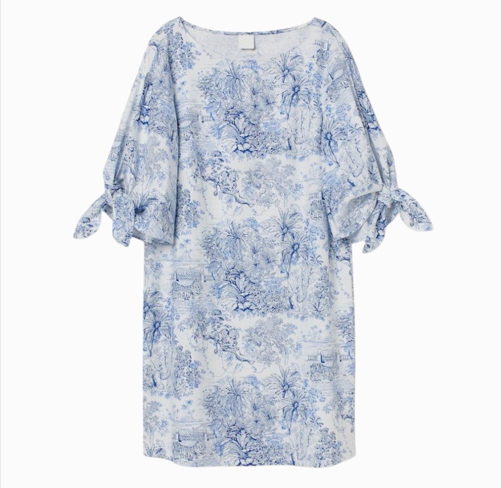 H&M Linen Blend BLUE/WHITE TOILE SHIFT DRESS Safari Jungle Animals Tie Sleeves 4