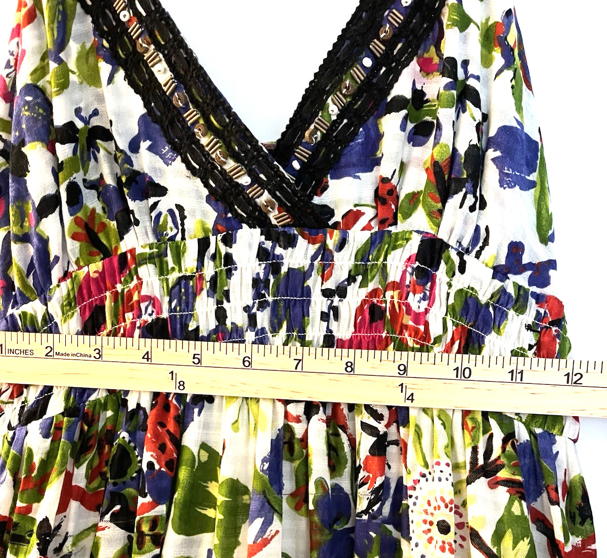 Alberto Makali Cotton Vibrant Floral Flowy Boho Maxi Ruffle Beaded Coastal Mod