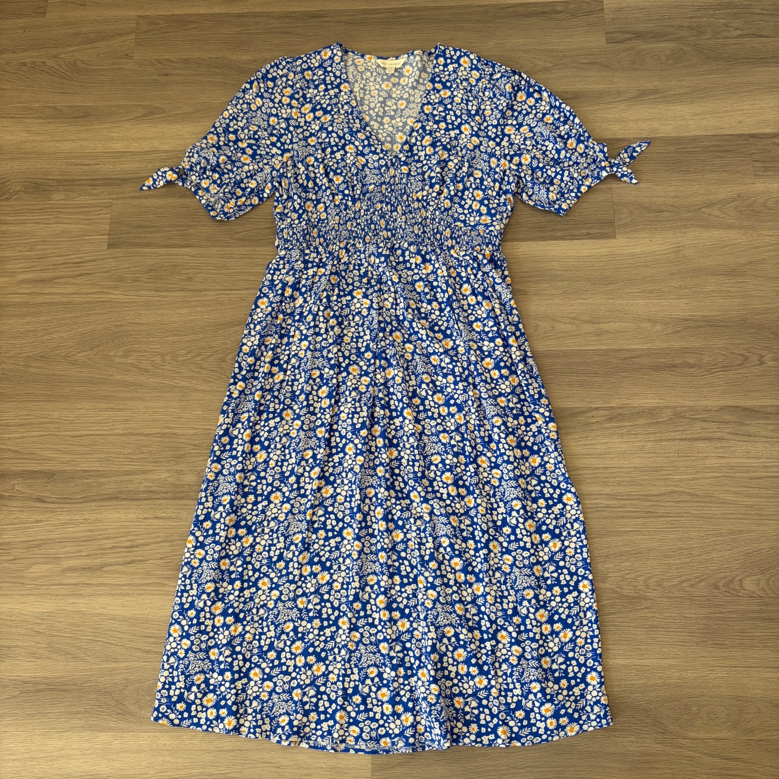 M&S X Ghost Midi Dress Womens UK18 Blue Daisy Floral Shirred Tea Dress Tie Back