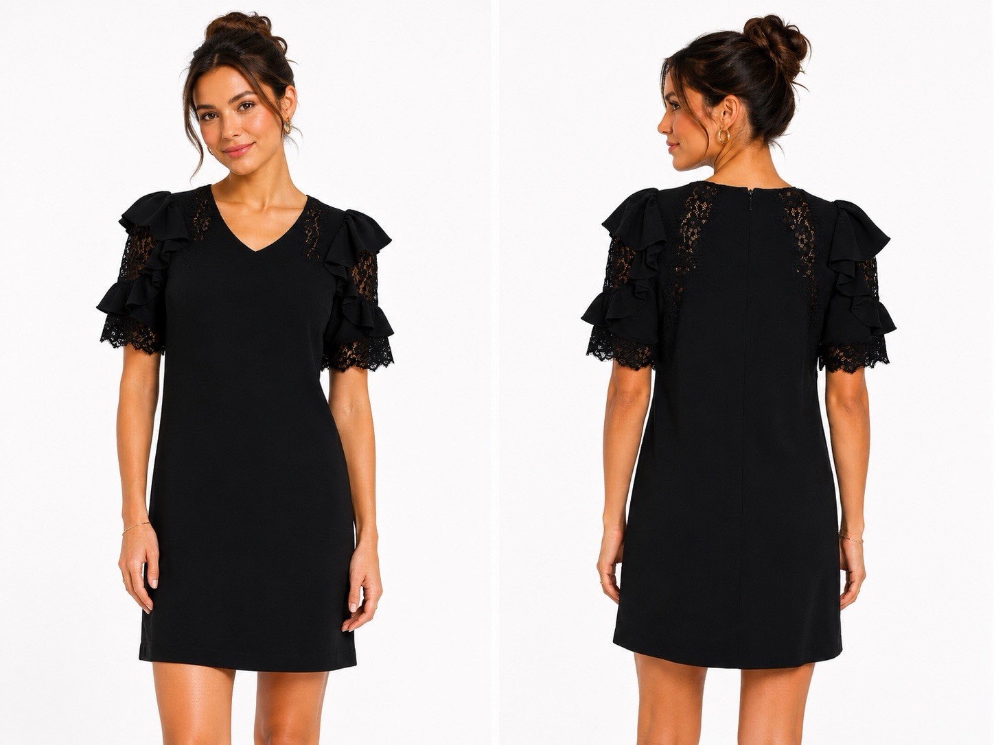 Rebecca Taylor Black Ruffle Sleeve Lace Trim Shift Dress Size 4 Elegant Modern