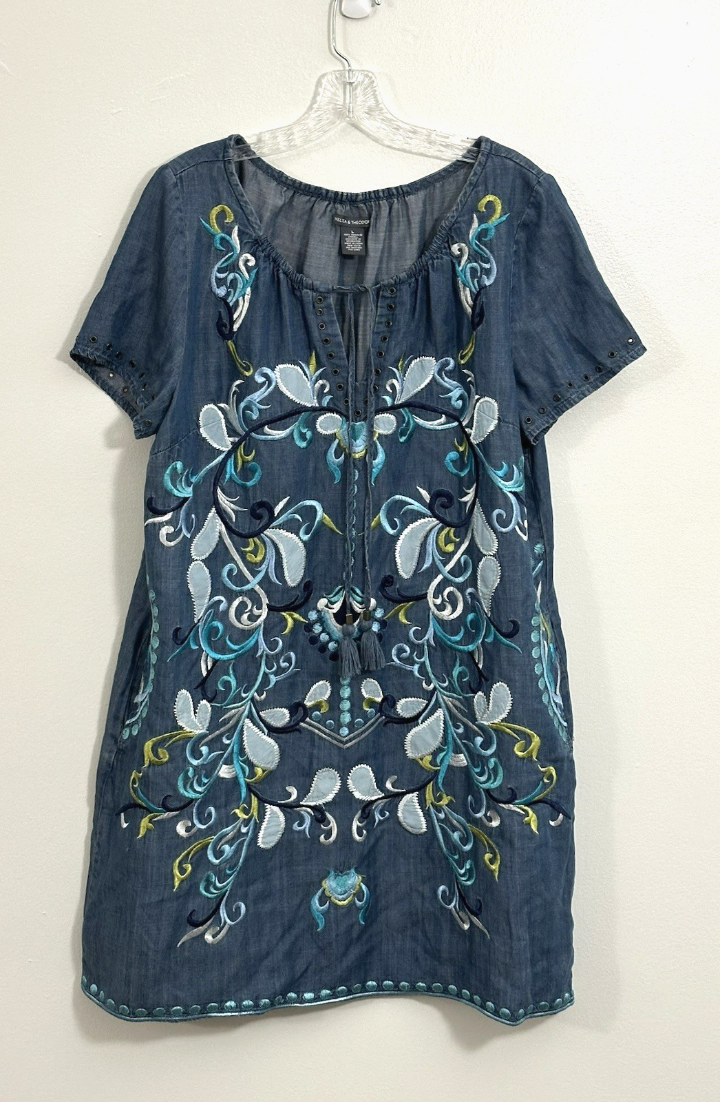 Chelsea Theodore Boho Hippie Embroidered Floral Denim Mini Dress L Casual Office