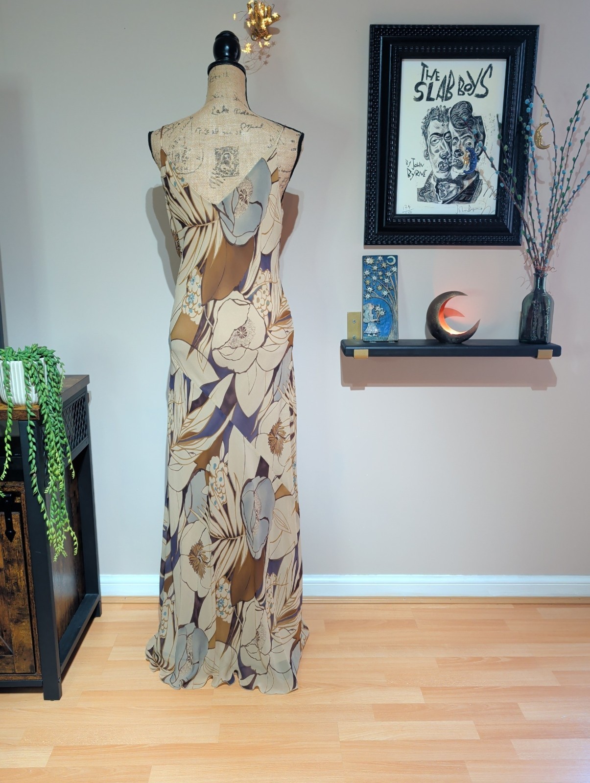 90s Y2K Monsoon 100% Silk Bias Cut Floral Long Slip Dress UK 14/16 (US 12)