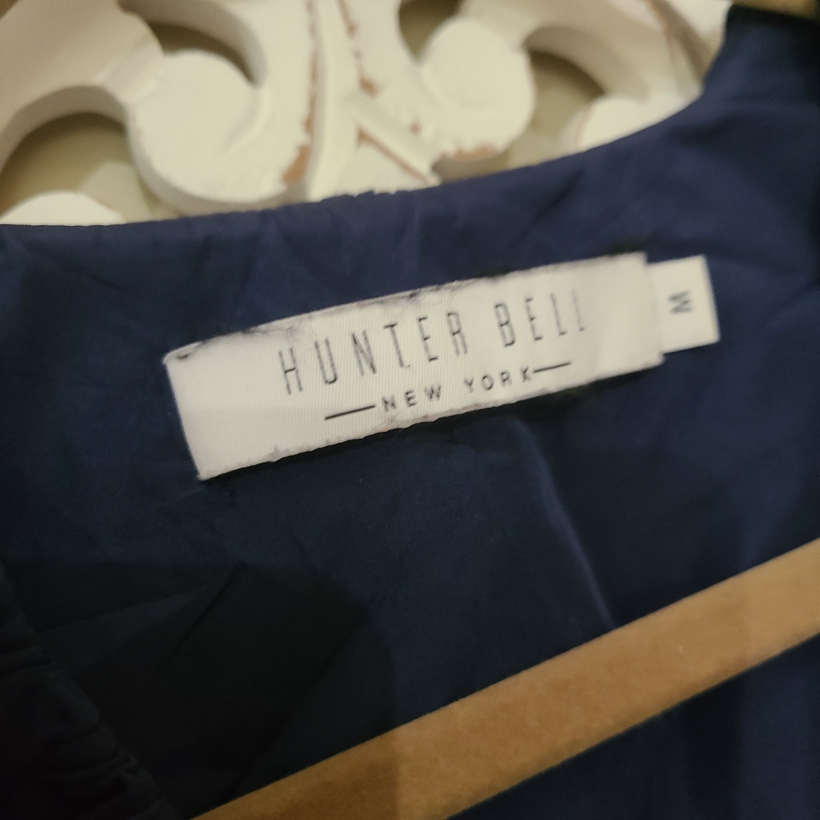 Hunter Bell Sullivan Ruffled Neck Puff Sleeve Mini Dress Navy Blue SZ Medium