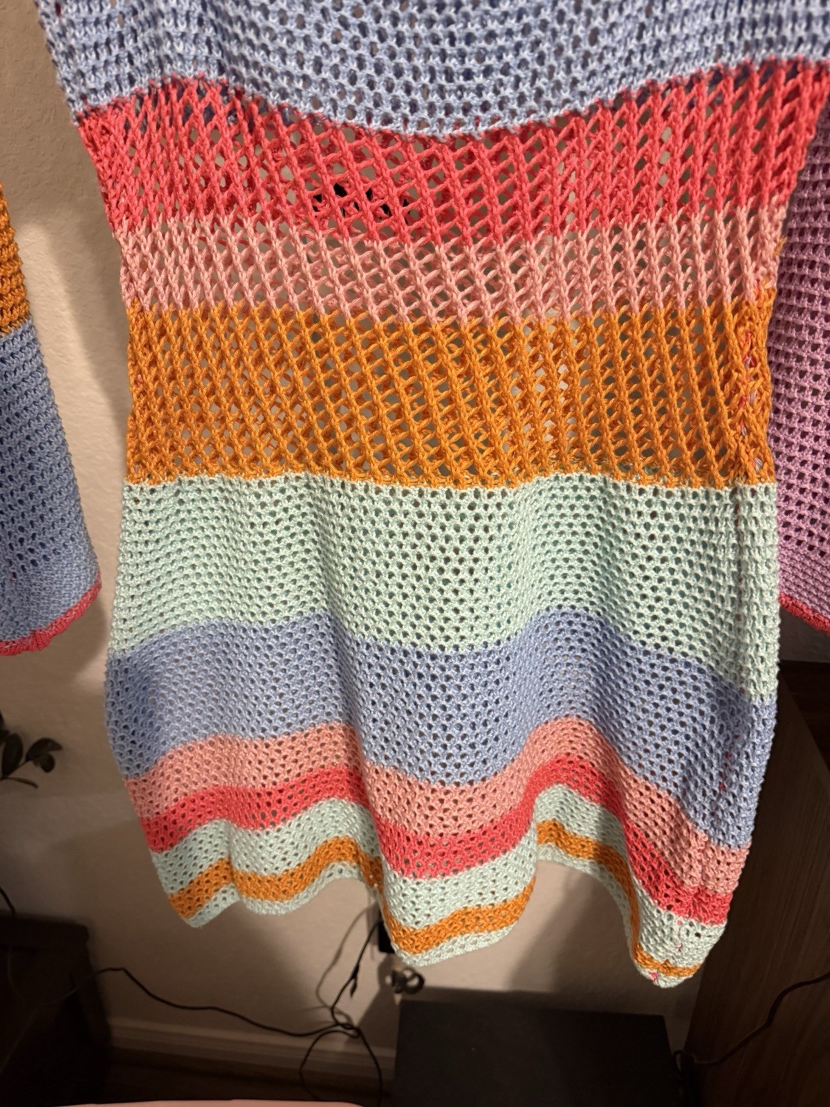 Multicolor Striped Open Knit Square Neck Long Sleeve Sweater Mini Dress Size M