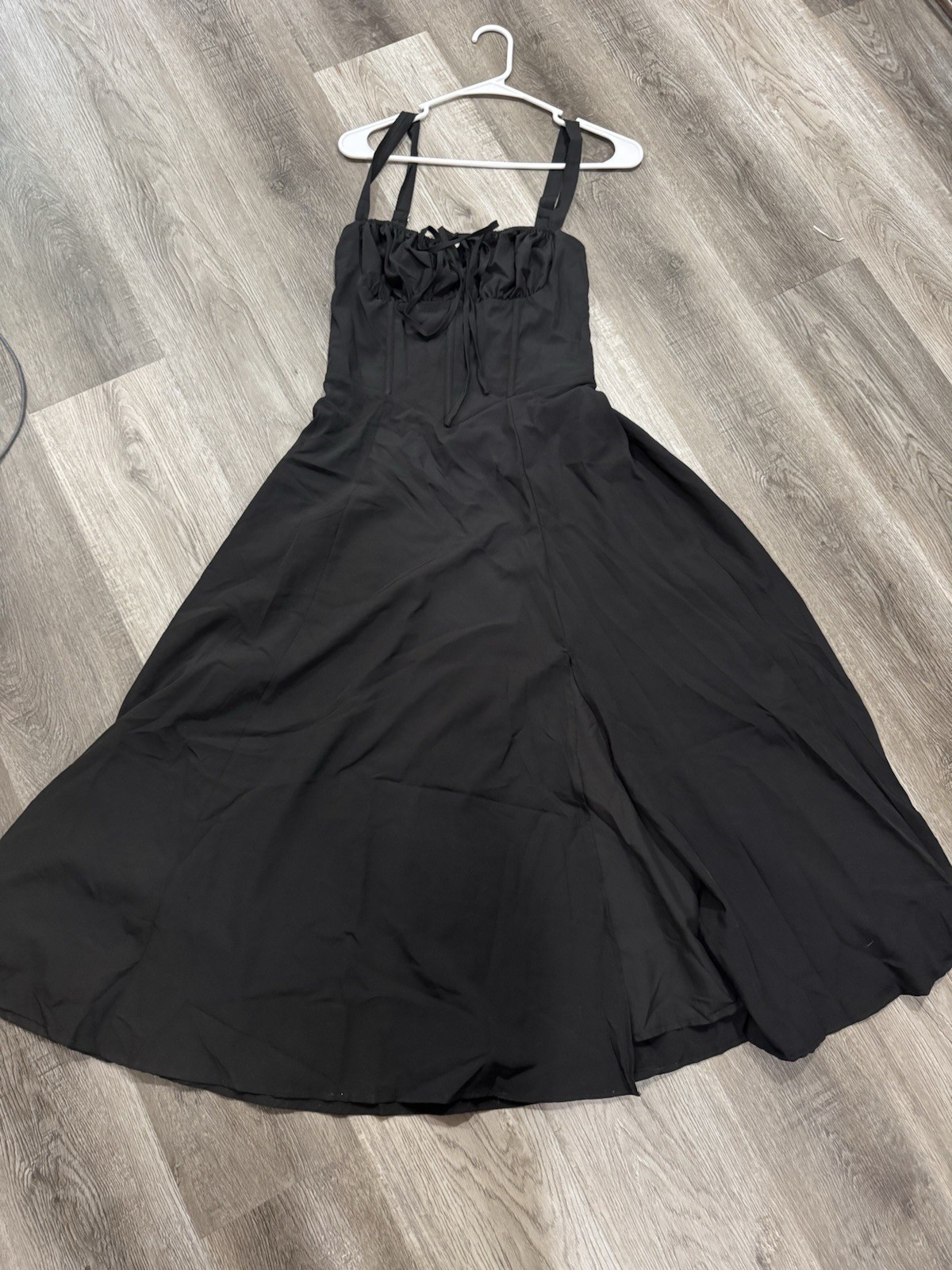 nutted Black Sweetheart A-Line Midi Dress Lace-Up Back Spaghetti Straps M