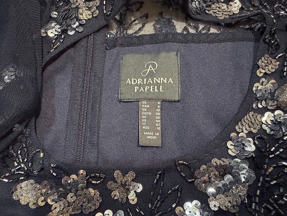 Adrianna Papell Floral Sequin Beaded Sheer Navy Dress NWT Size 6