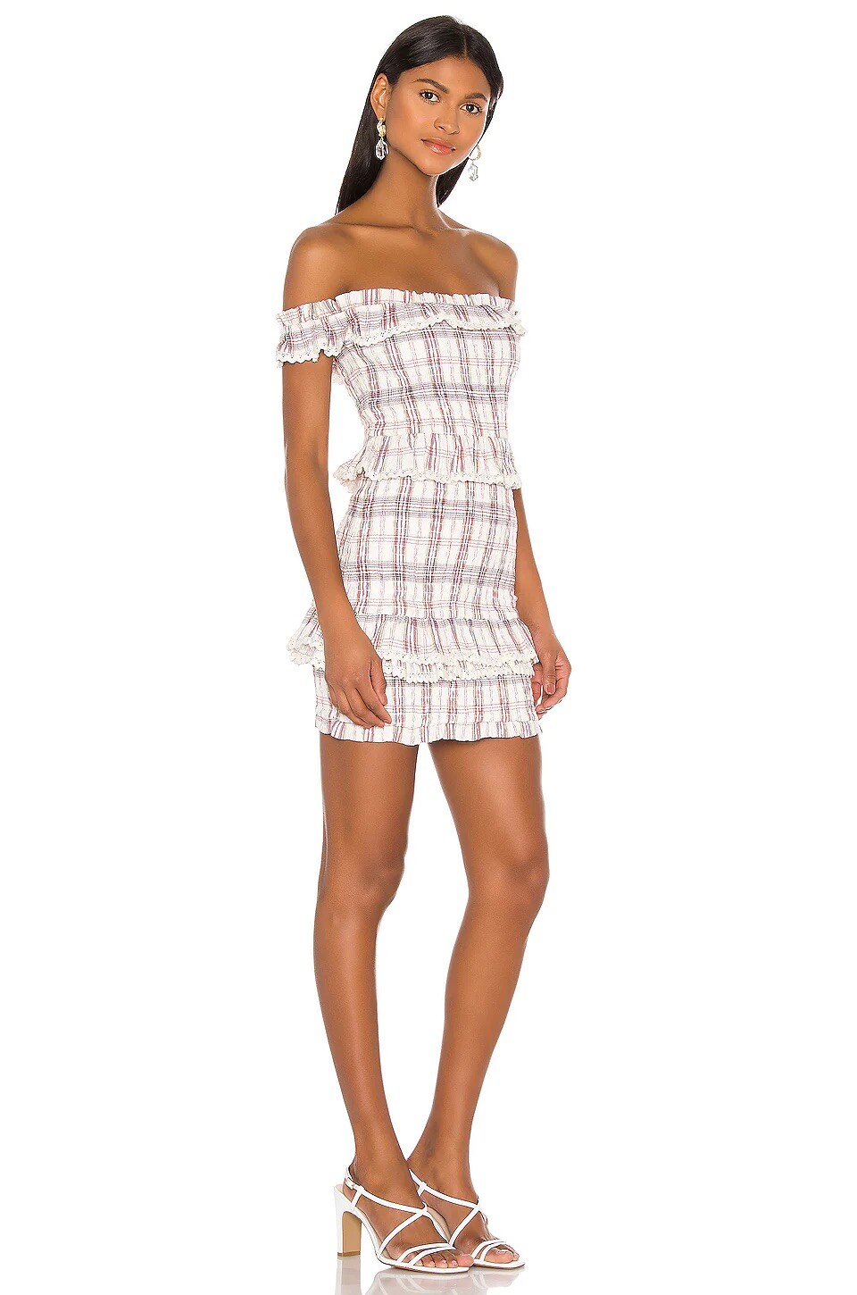 Tularosa Revolve Teri Dress Size Medium Plaid Ruffle Smocked Off Shoulder Mini