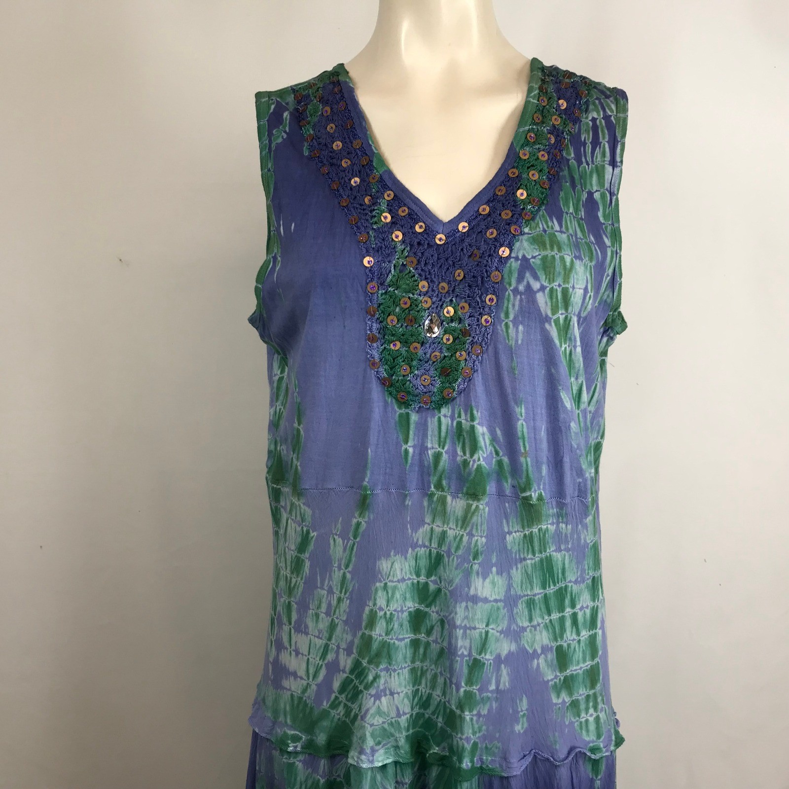 Lola P Maxi Dress Tie Dye V Neck Beaded Embellished Tiered Skirt Blue Green XL