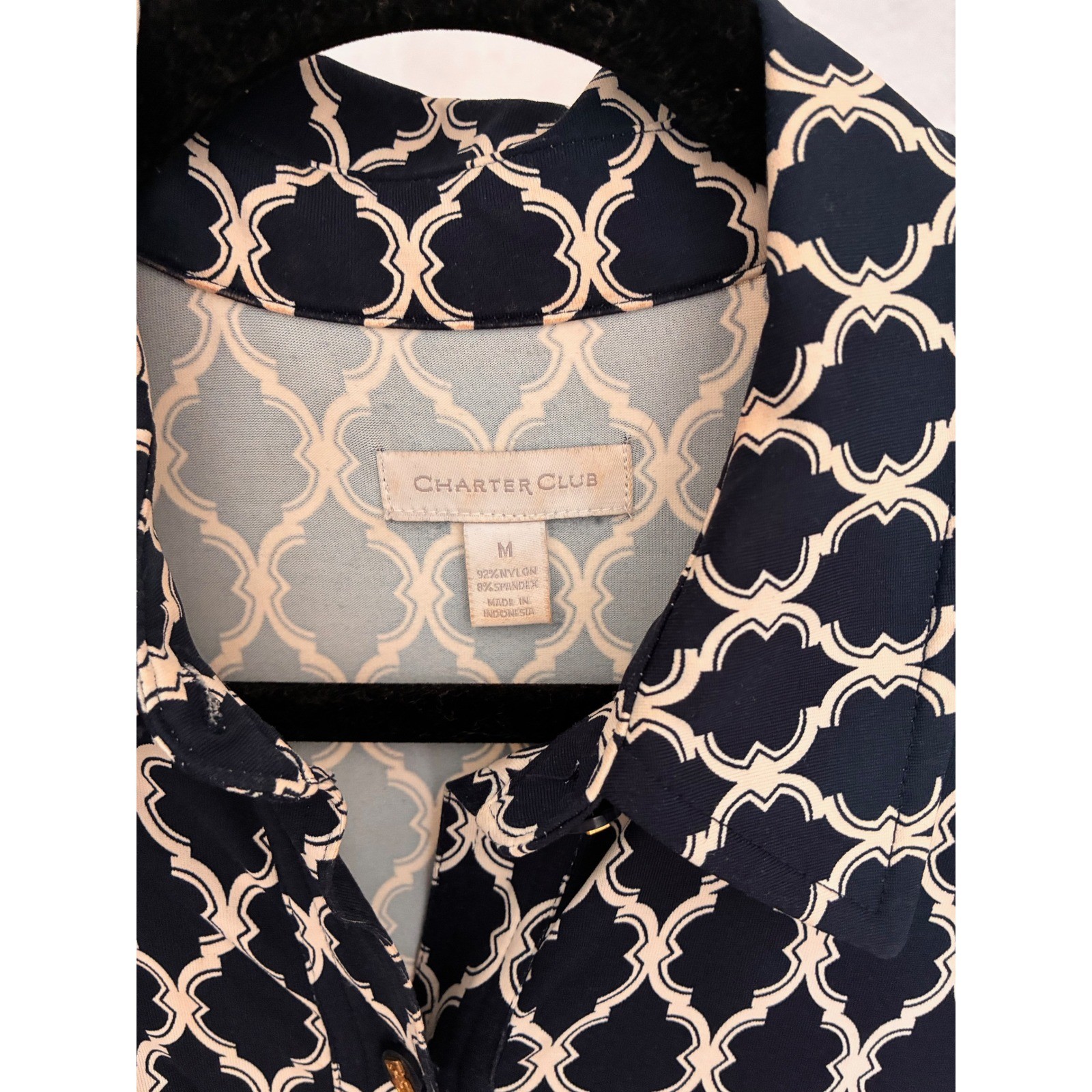 Charter Club Navy Blue Trellis Print Shirt Dress 3/4 Sleeve Belted Size M