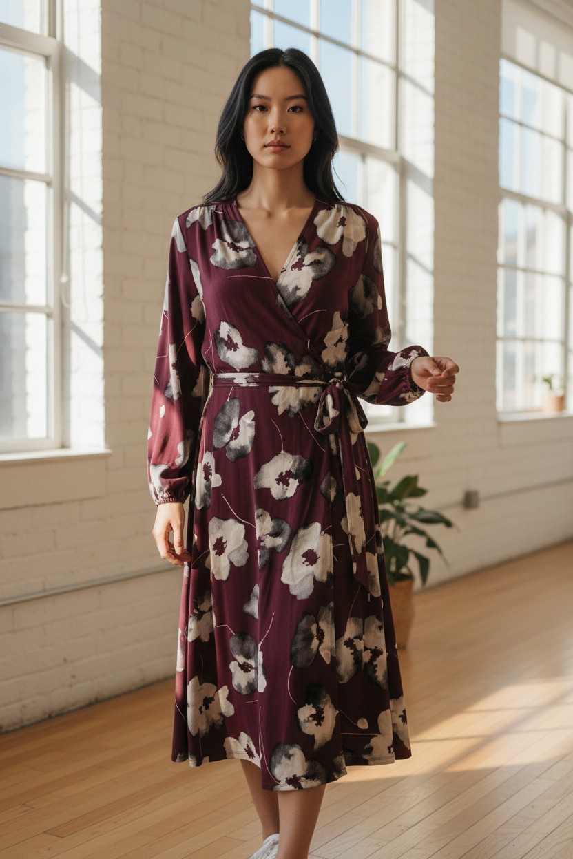 London Style Long Sleeve V-Neck Purple Floral Belted Midi Dress 8