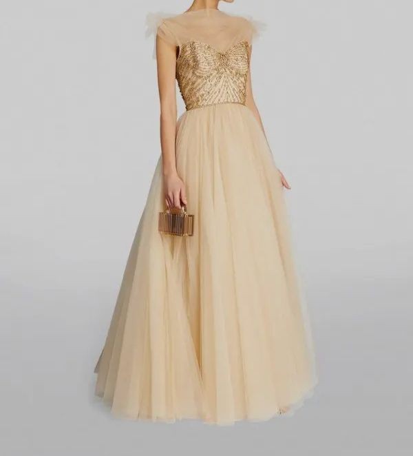 Jenny Packham Women’s Beige Tulle Beaded Dream Gown Dress Size 4
