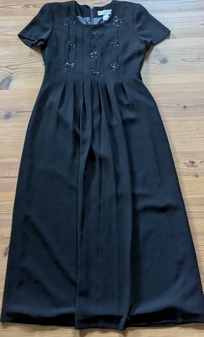 Jessica Howard Black Sequin Bow A-Line Pleated Dress Sz 8 Vintage 90s Y2K