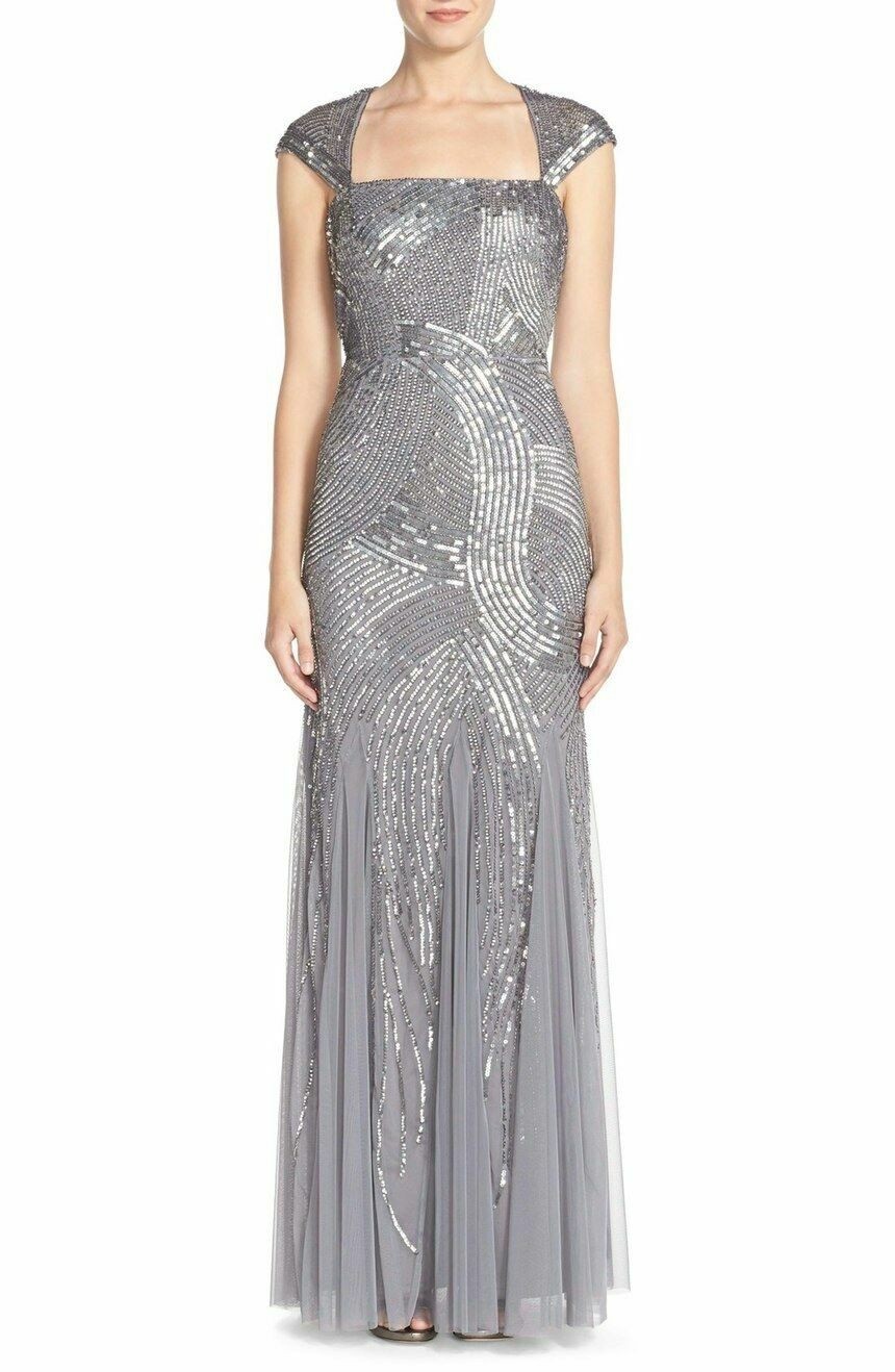 NEW Adrianna Papell [ 2 ] Embellished Mesh Envelope Gown in Silver/Grey #M27