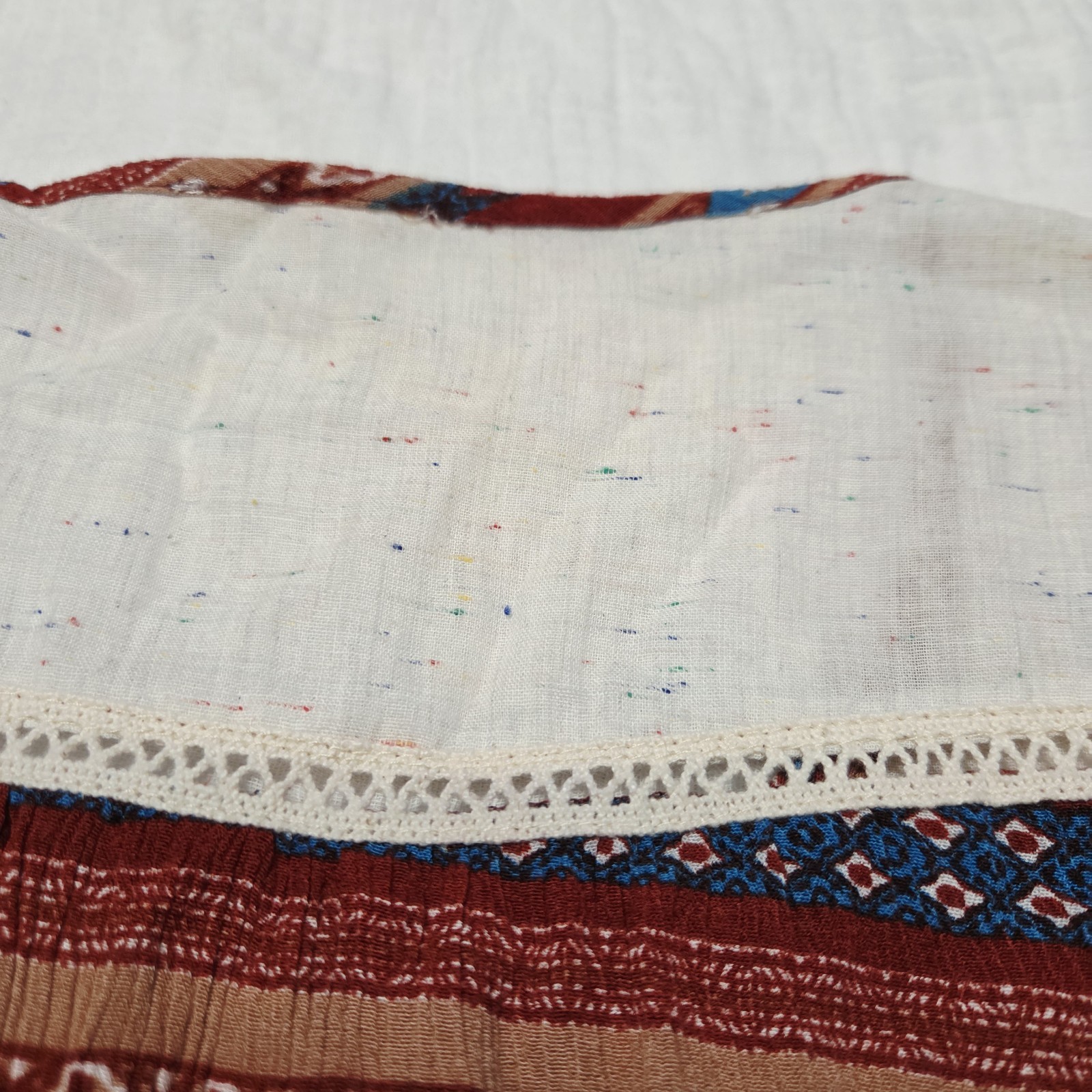 Boho Geometric Stripe Dress Large Long Sleeve Cream Yoke Keyhole Maroon Blue