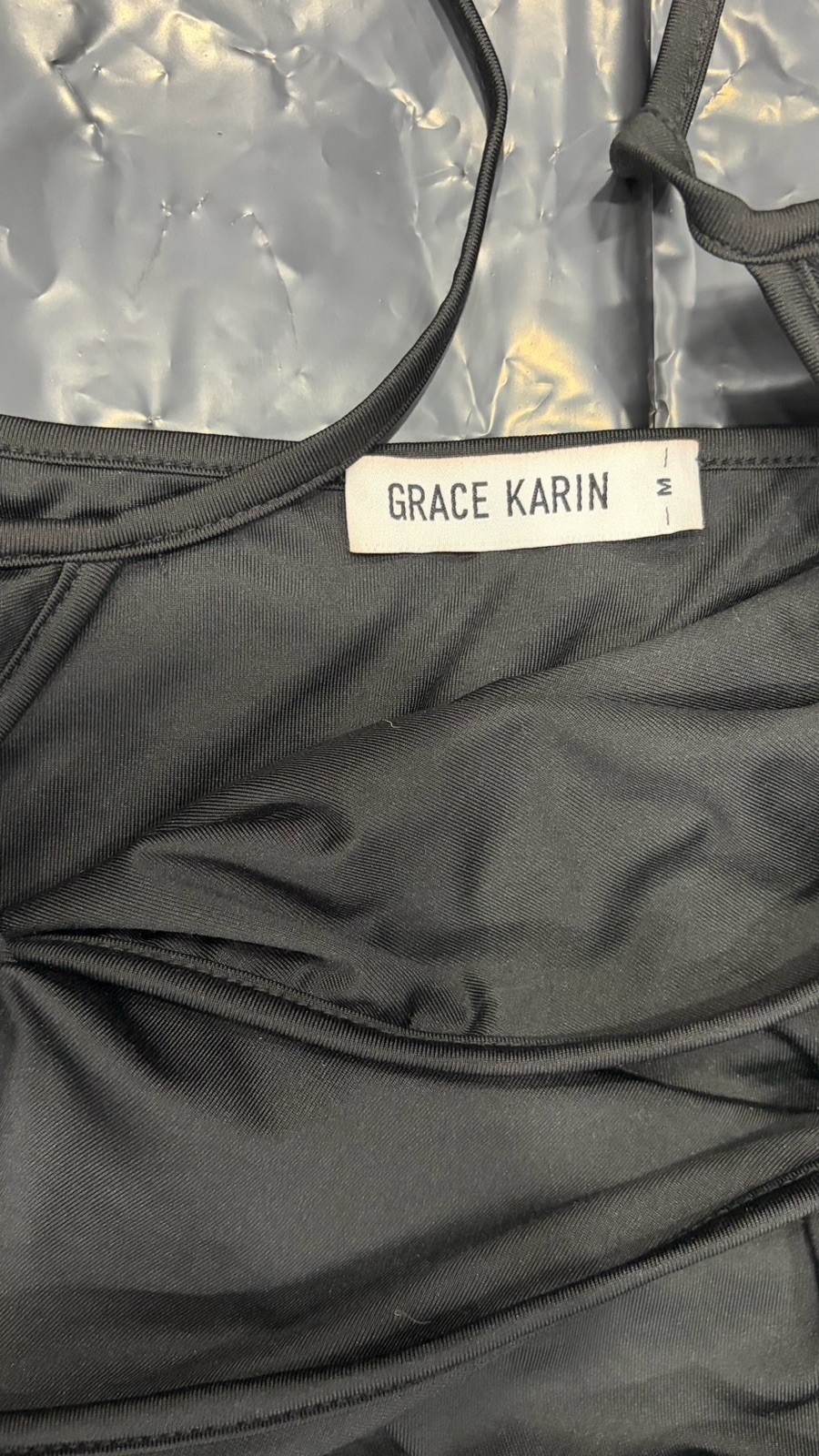 Grace Karin Dress M Gray Ruched V-Neck Spaghetti Strap Mini Bodycon