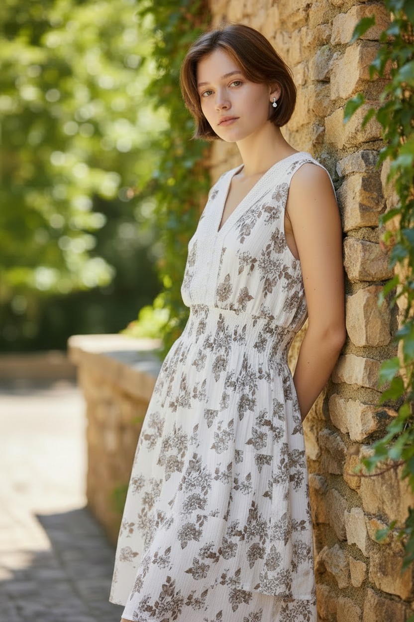 Brown And White Floral V-Neck Midi L Dress Smocked Tiered Cottage Boho