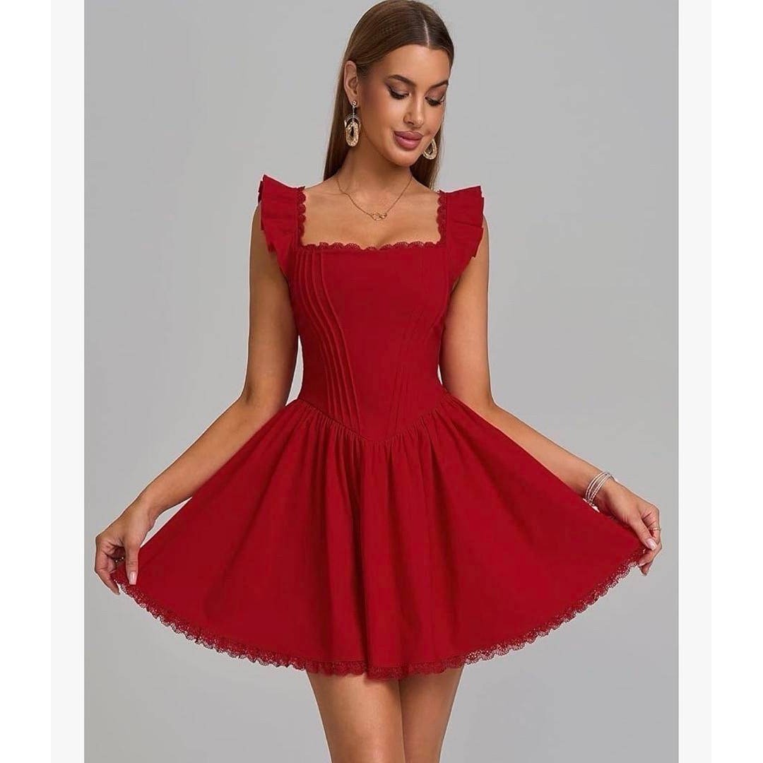 GLNEGE Red Mini Corset Dress Square Neck Ruffle Sleeve A-Line Party Graduation M